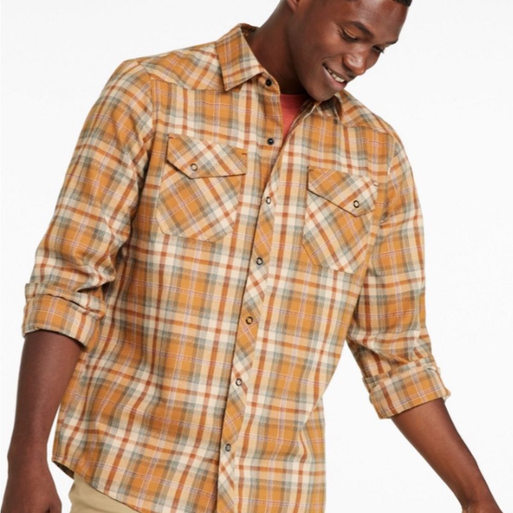 Men's Plaid Shirt in Navy orange cream cotton large NWOT OUTDOORS Gorpcore hike